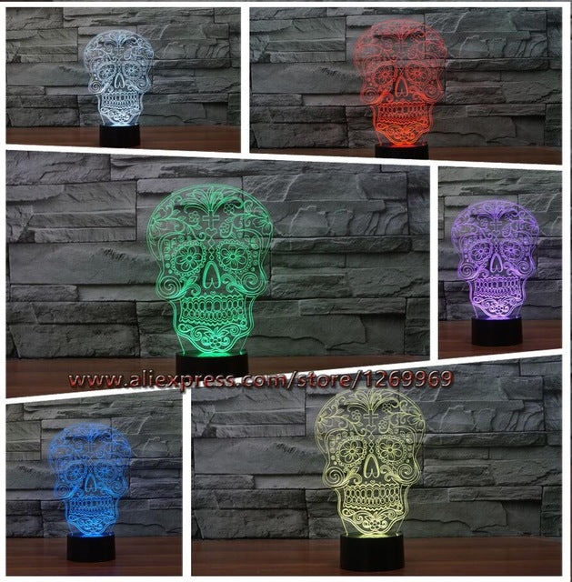 Touch Sensor colorful 3D Skull Flower Head LED Night Lights of Crossbones table lamp