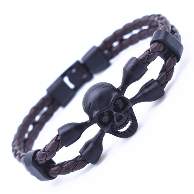 Black Friday Vintage Black Skull Bracelets Bangles Hand Made Top Quality Leather Skeleton Bracelet