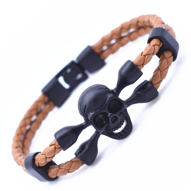 Black Friday Vintage Black Skull Bracelets Bangles Hand Made Top Quality Leather Skeleton Bracelet