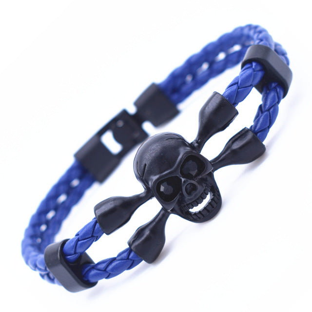 Black Friday Vintage Black Skull Bracelets Bangles Hand Made Top Quality Leather Skeleton Bracelet