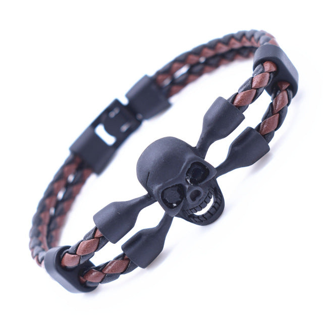 Black Friday Vintage Black Skull Bracelets Bangles Hand Made Top Quality Leather Skeleton Bracelet