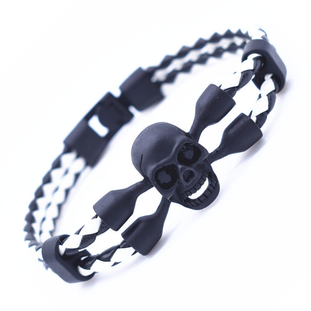 Black Friday Vintage Black Skull Bracelets Bangles Hand Made Top Quality Leather Skeleton Bracelet