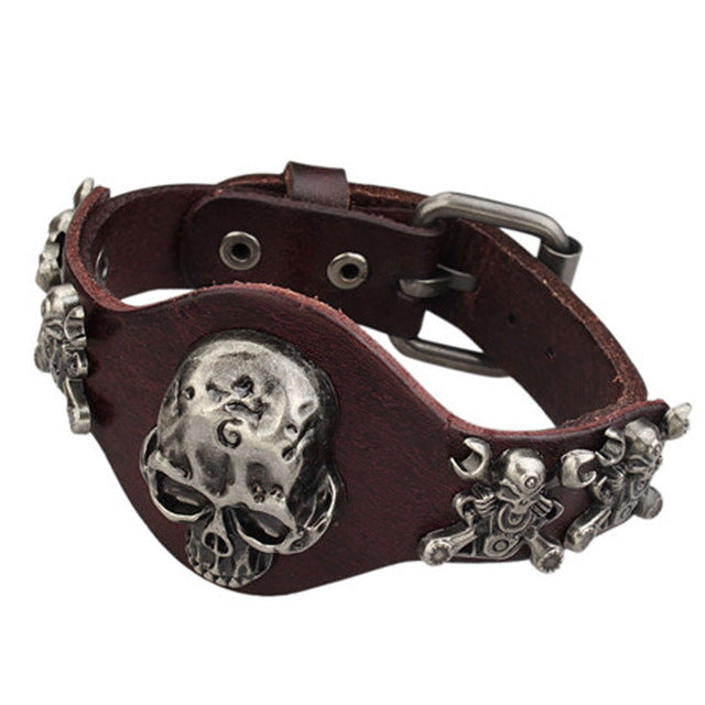 New Design Jewelry Multicolor Punk Rock Evil Skull Genuine Leather Wrap Bracelet