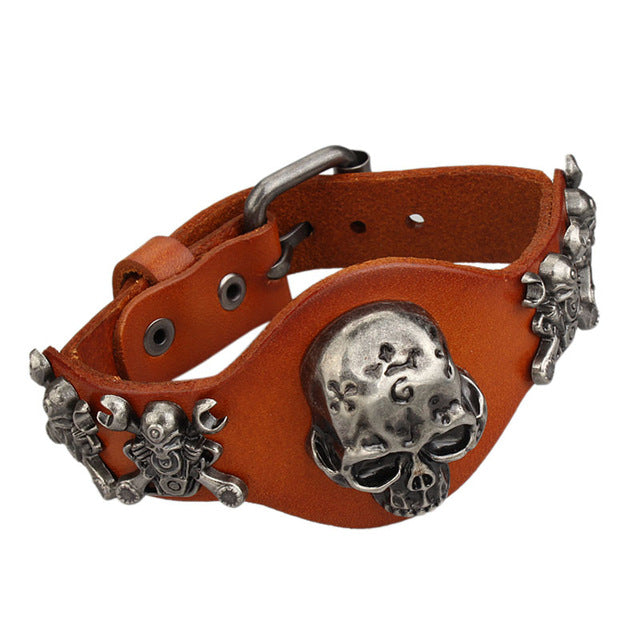 New Design Jewelry Multicolor Punk Rock Evil Skull Genuine Leather Wrap Bracelet
