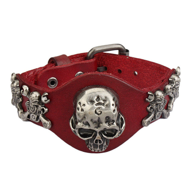 New Design Jewelry Multicolor Punk Rock Evil Skull Genuine Leather Wrap Bracelet