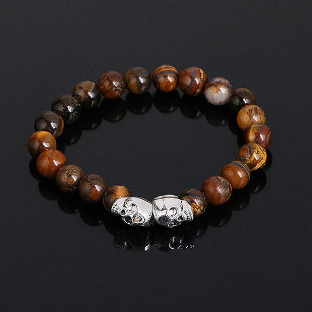Tiger Eye Beads Bracelets Duplex Skull Bangles Rope Chain Natural Stone Volcanic
