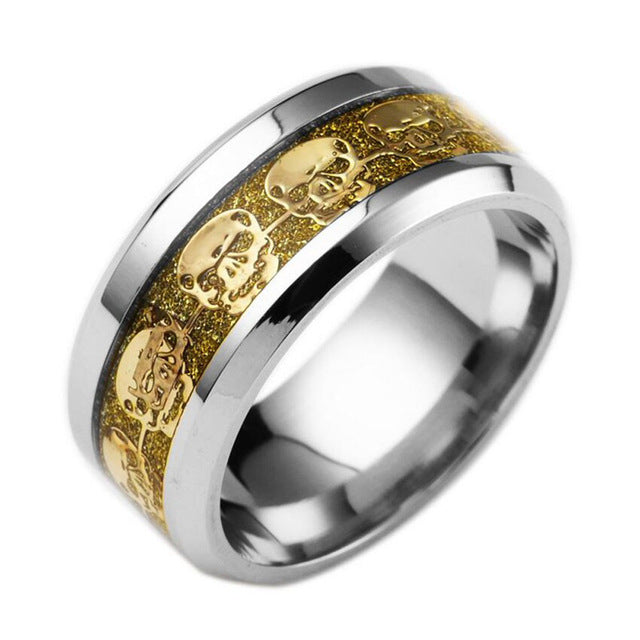 Stainless Steel Skull Ring Gold Filled Blue Black Skeleton Pattern Man Biker
