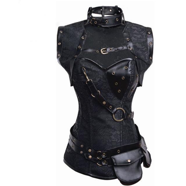 New Sexy Red Black Skull Pattern Steampunk Corset Punk Faux Leather