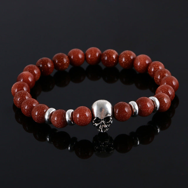 Beaded Black Natural Stone beads Skull Elastic Bracelets for Men and Women Tiger Eye Bracelets