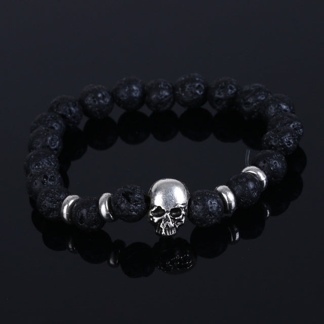 Beaded Black Natural Stone beads Skull Elastic Bracelets for Men and Women Tiger Eye Bracelets