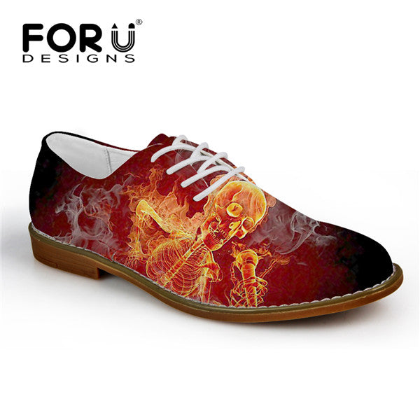 Fashion Men's Casual Leather Shoes Cool Fire Skull Printed Lace-up Flats