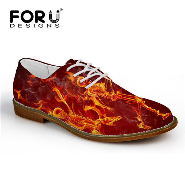 Fashion Men's Casual Leather Shoes Cool Fire Skull Printed Lace-up Flats