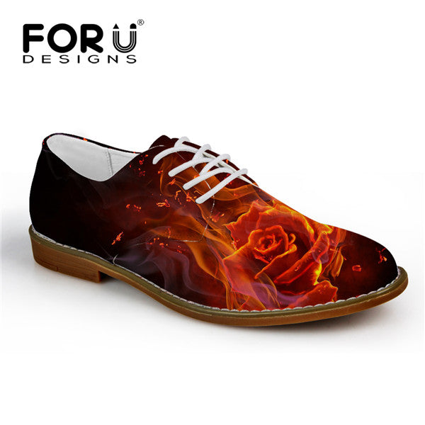 Fashion Men's Casual Leather Shoes Cool Fire Skull Printed Lace-up Flats