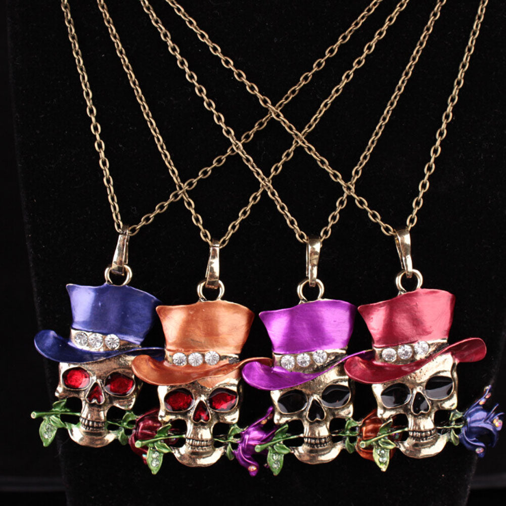Long Chain New Gothic Antique Necklace Everyday Jewelry Gift Skull Rose Flower