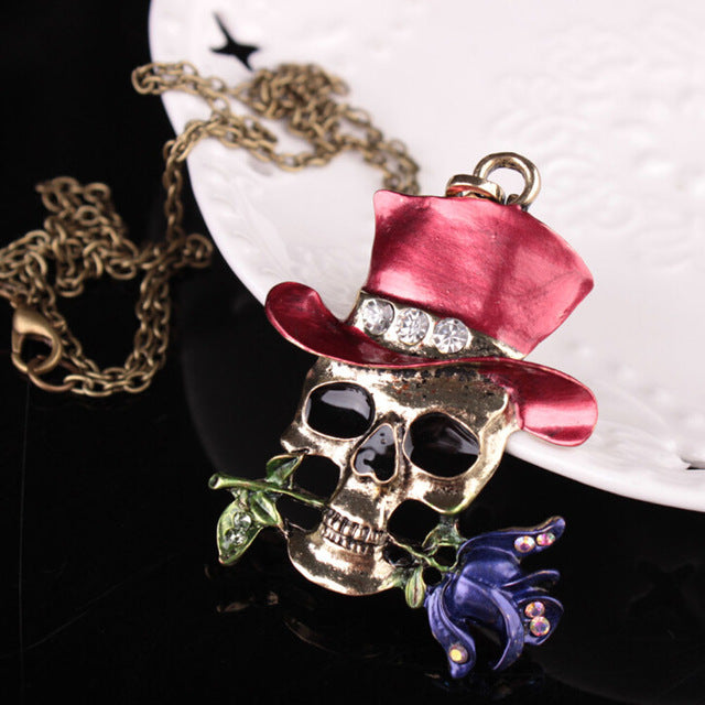 Long Chain New Gothic Antique Necklace Everyday Jewelry Gift Skull Rose Flower