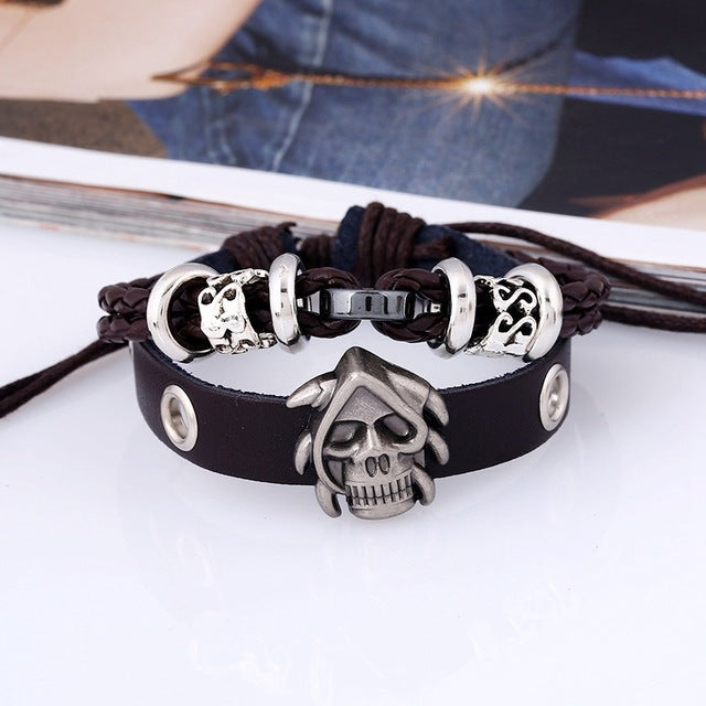 Original Design Steampunk Men's Bracelet Wristband Cuff Skeleton Studded Skull Bangle Leather