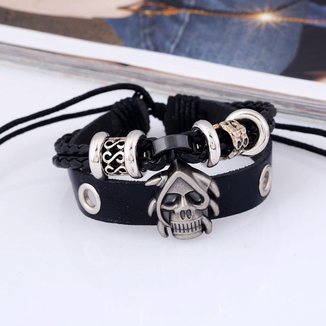 Original Design Steampunk Men's Bracelet Wristband Cuff Skeleton Studded Skull Bangle Leather