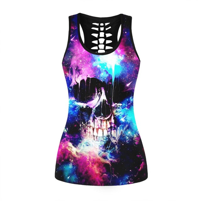 Fitness Tops Gothic Skull 3D Printed Beauty Back Hollow Out Sleeveless