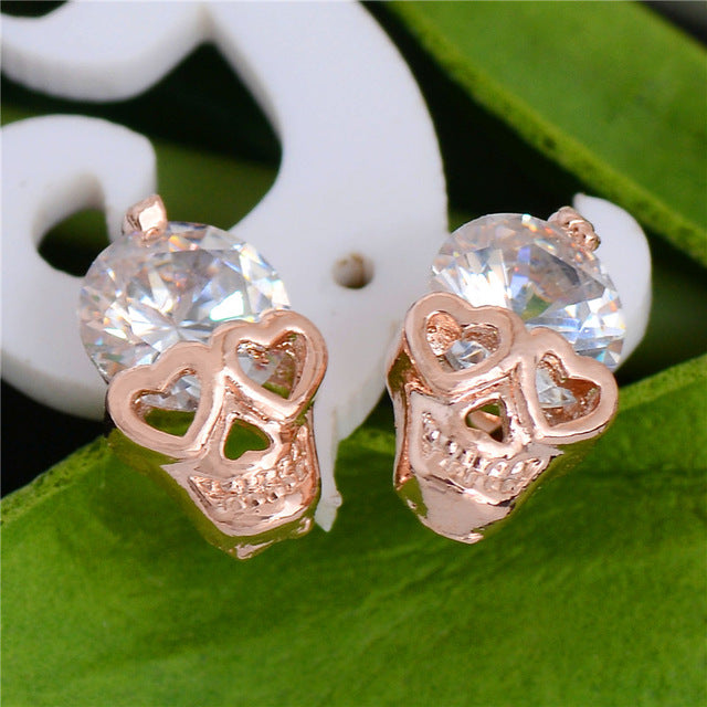 100% Cubic Zirconia CZ Brilliant Skull Heads Woman's Stud Earring Piercing