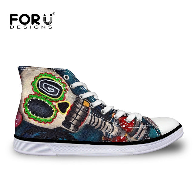 Classic Women High Top Canvas Shoes Vintage Punk Skull Casual Lace-up Shoes