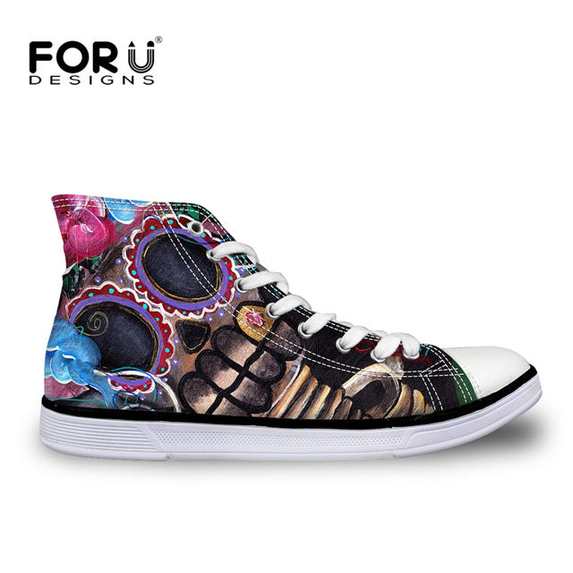 Classic Women High Top Canvas Shoes Vintage Punk Skull Casual Lace-up Shoes