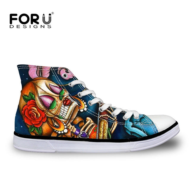 Classic Women High Top Canvas Shoes Vintage Punk Skull Casual Lace-up Shoes