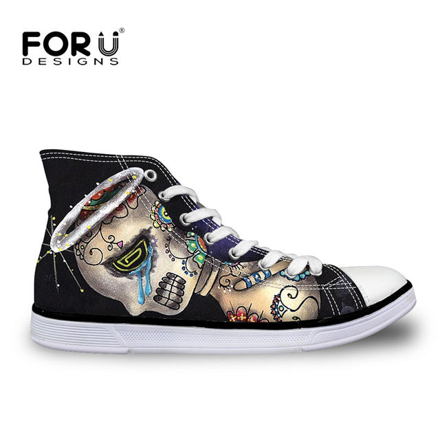 Classic Women High Top Canvas Shoes Vintage Punk Skull Casual Lace-up Shoes