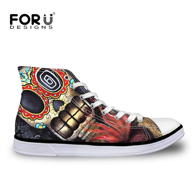 Classic Women High Top Canvas Shoes Vintage Punk Skull Casual Lace-up Shoes
