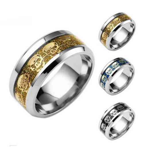 Fashion Mens Jewelry Never Fade Stainless Steel Skull Ring Gold Filled Blue Black Skeleton Pattern