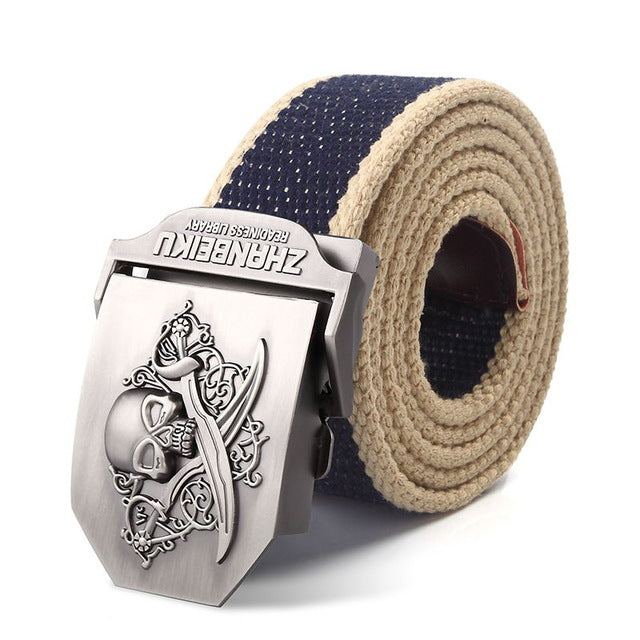 SupSindy canvas belt Pirate Skull Alloy buckle military men belt