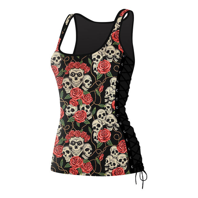 Black Women Tank Tops Skull Print Tops Sleeveless Side Bandage Female Bodybuilding Fitness