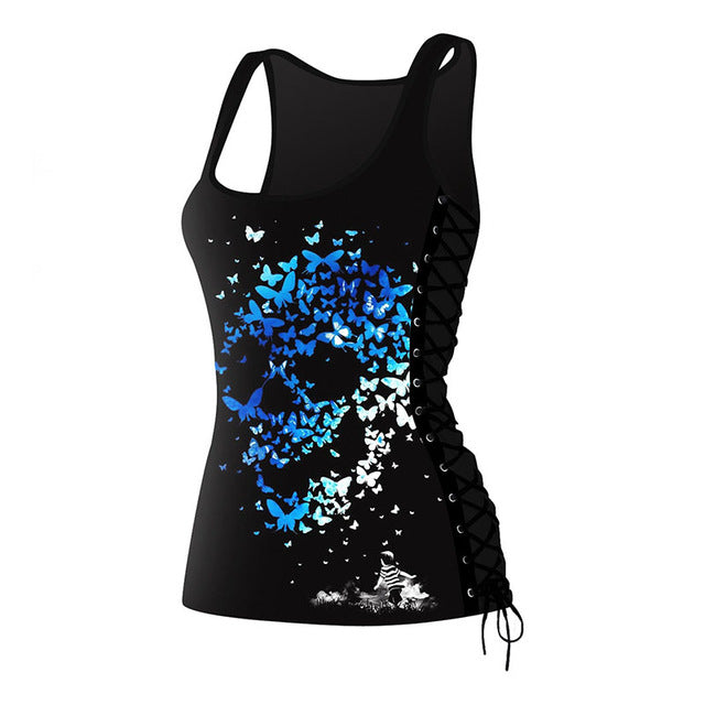 Black Women Tank Tops Skull Print Tops Sleeveless Side Bandage Female Bodybuilding Fitness