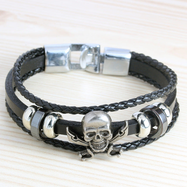Retro Genuine Leather Woven Skull Charm Bracelet Men Vintage Braided Bracelets Bangles