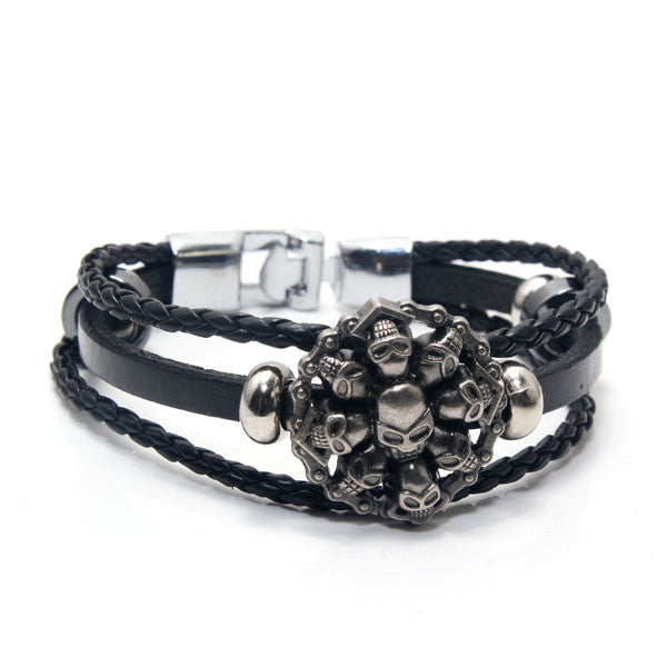 Retro Genuine Leather Woven Skull Charm Bracelet Men Vintage Braided Bracelets Bangles