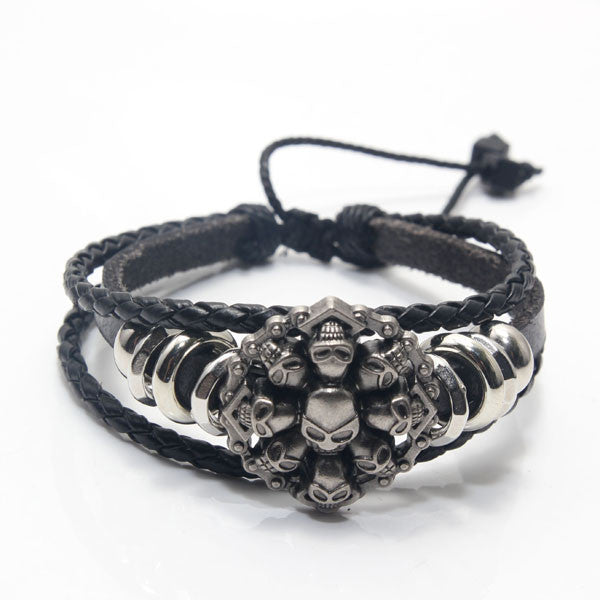 Retro Genuine Leather Woven Skull Charm Bracelet Men Vintage Braided Bracelets Bangles