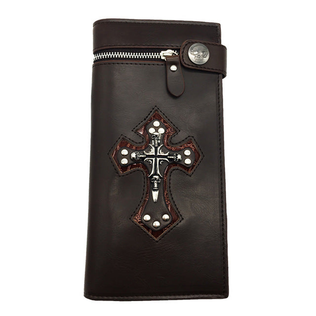 Men Skull Cross Leather Wallet Rocker Biker Trucker Punk Gothic Long Purse With Chain