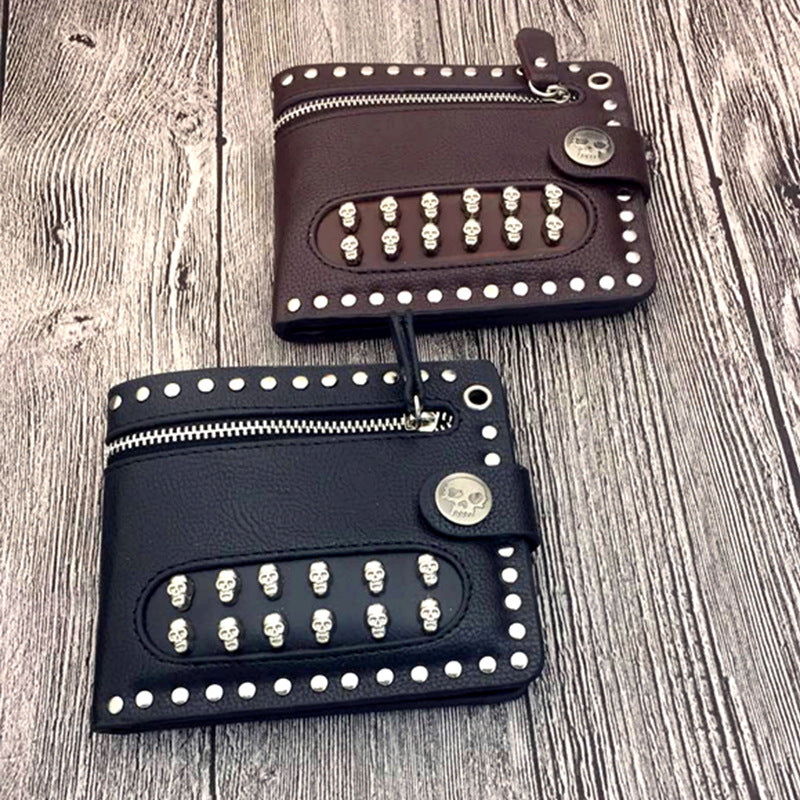 Men Rock Punk Rivet Biker Skulls Money Black Leather Zipper Wallet Men Gift