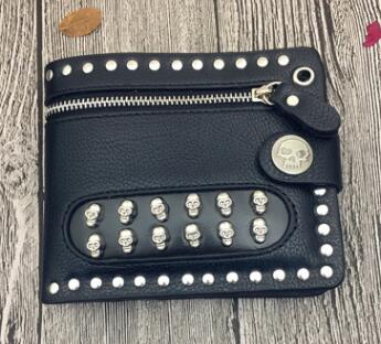 Men Rock Punk Rivet Biker Skulls Money Black Leather Zipper Wallet Men Gift
