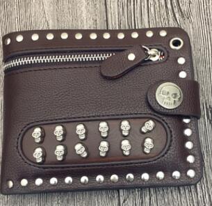 Men Rock Punk Rivet Biker Skulls Money Black Leather Zipper Wallet Men Gift