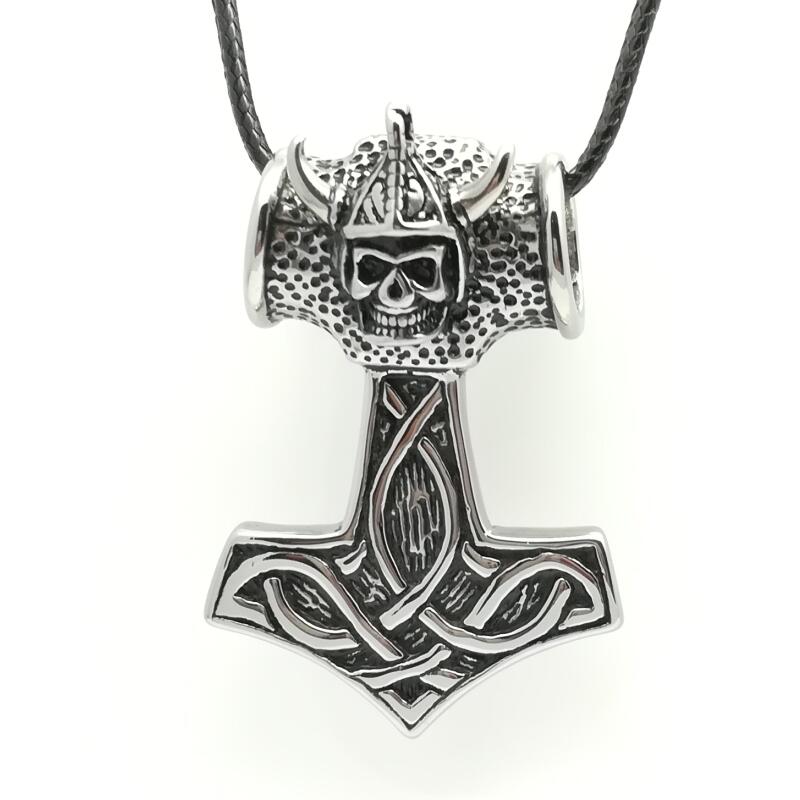 Men's Silver Black Punk Thor hammer Skull Pendant Necklace Stainless Steel Norse Viking