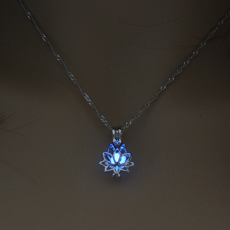 Luminous Glow In The Dark lotus Flower Shaped Pendant Necklace For Women Jewelry