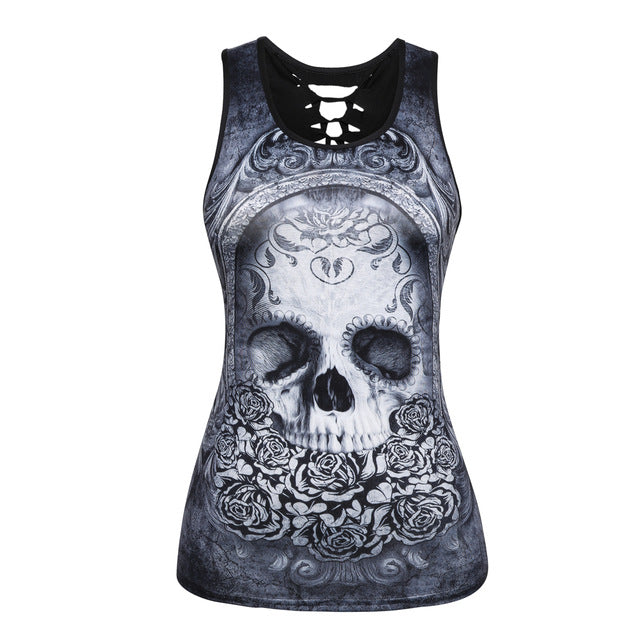 Women Summer Tank Tops Halloween Ghost Skull Digital Printing Top Sexy Back Hollow Cotton