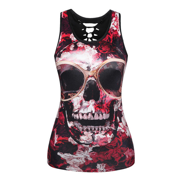Women Summer Tank Tops Halloween Ghost Skull Digital Printing Top Sexy Back Hollow Cotton