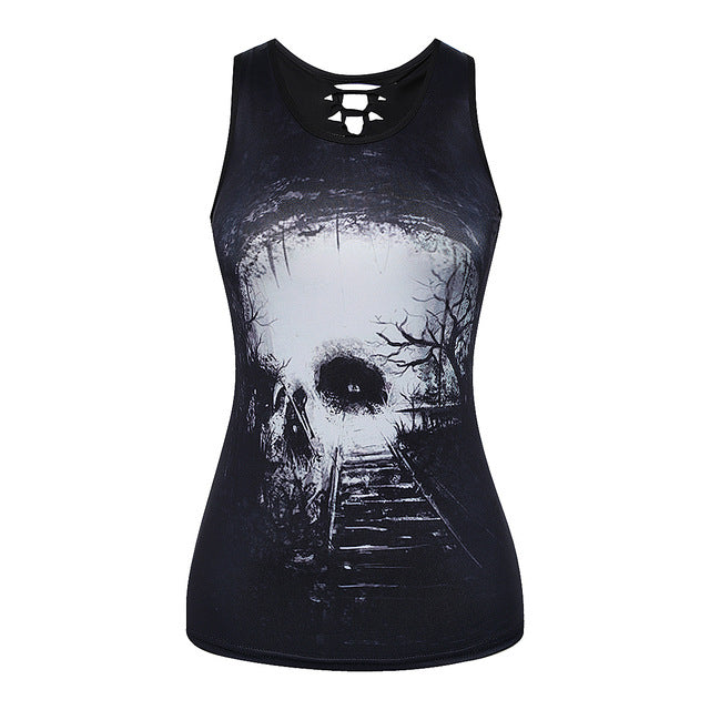 Women Summer Tank Tops Halloween Ghost Skull Digital Printing Top Sexy Back Hollow Cotton