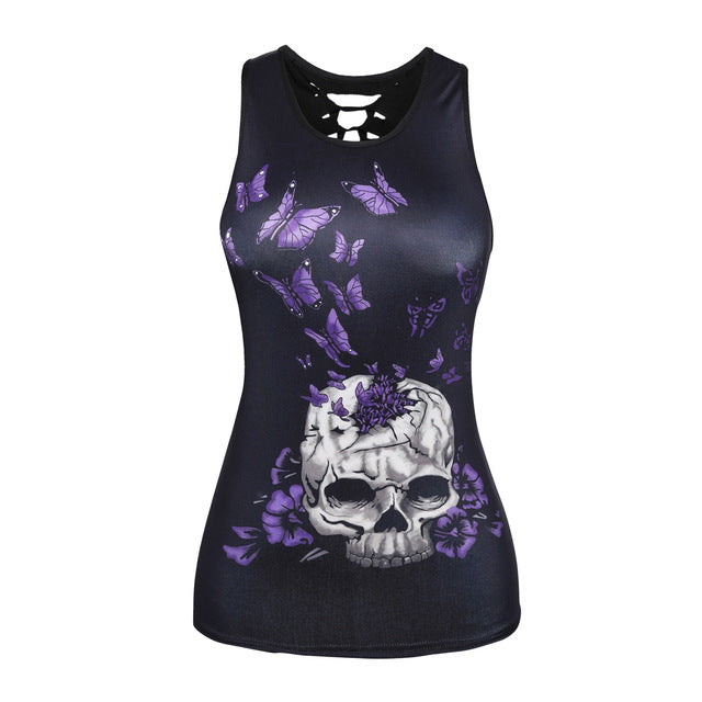 Women Summer Tank Tops Halloween Ghost Skull Digital Printing Top Sexy Back Hollow Cotton