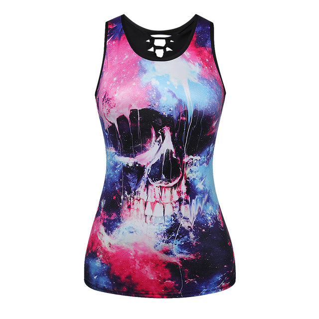 Women Summer Tank Tops Halloween Ghost Skull Digital Printing Top Sexy Back Hollow Cotton
