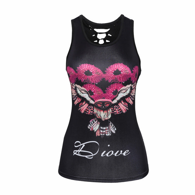 Women Summer Tank Tops Halloween Ghost Skull Digital Printing Top Sexy Back Hollow Cotton