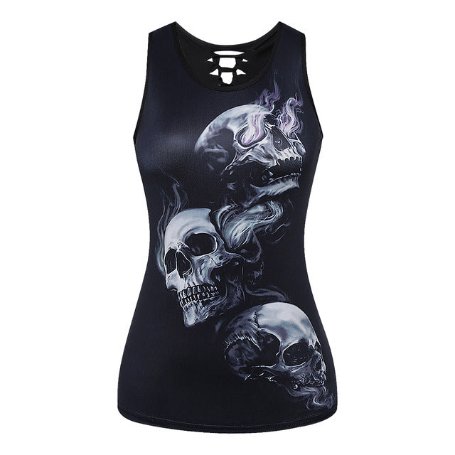 Women Summer Tank Tops Halloween Ghost Skull Digital Printing Top Sexy Back Hollow Cotton