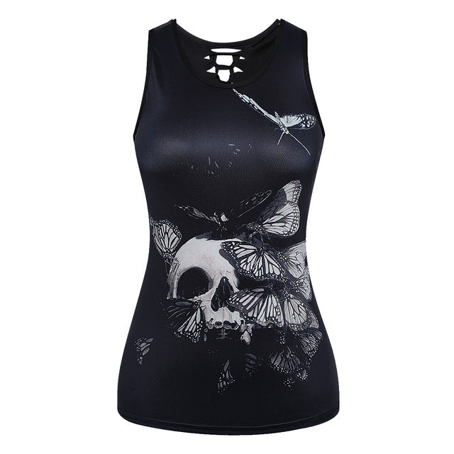Women Summer Tank Tops Halloween Ghost Skull Digital Printing Top Sexy Back Hollow Cotton