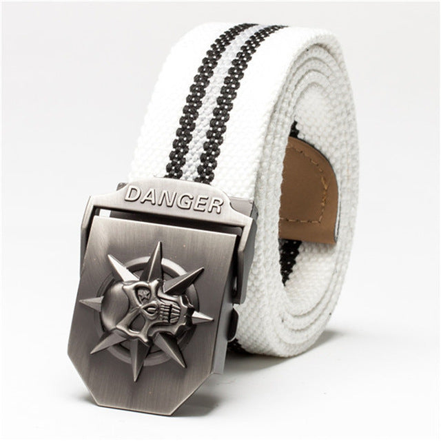 Skull Canvas Belt Men Metal Buckle Canvas Strap Belt Brand Tactics Woven Belt